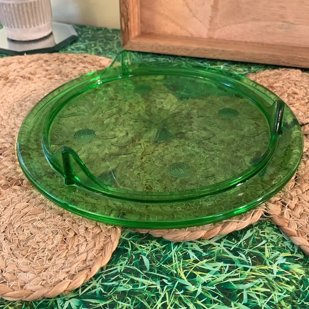 Vintage Jeanette GREEN cake stand plate, floral pattern, depression glass, EUC